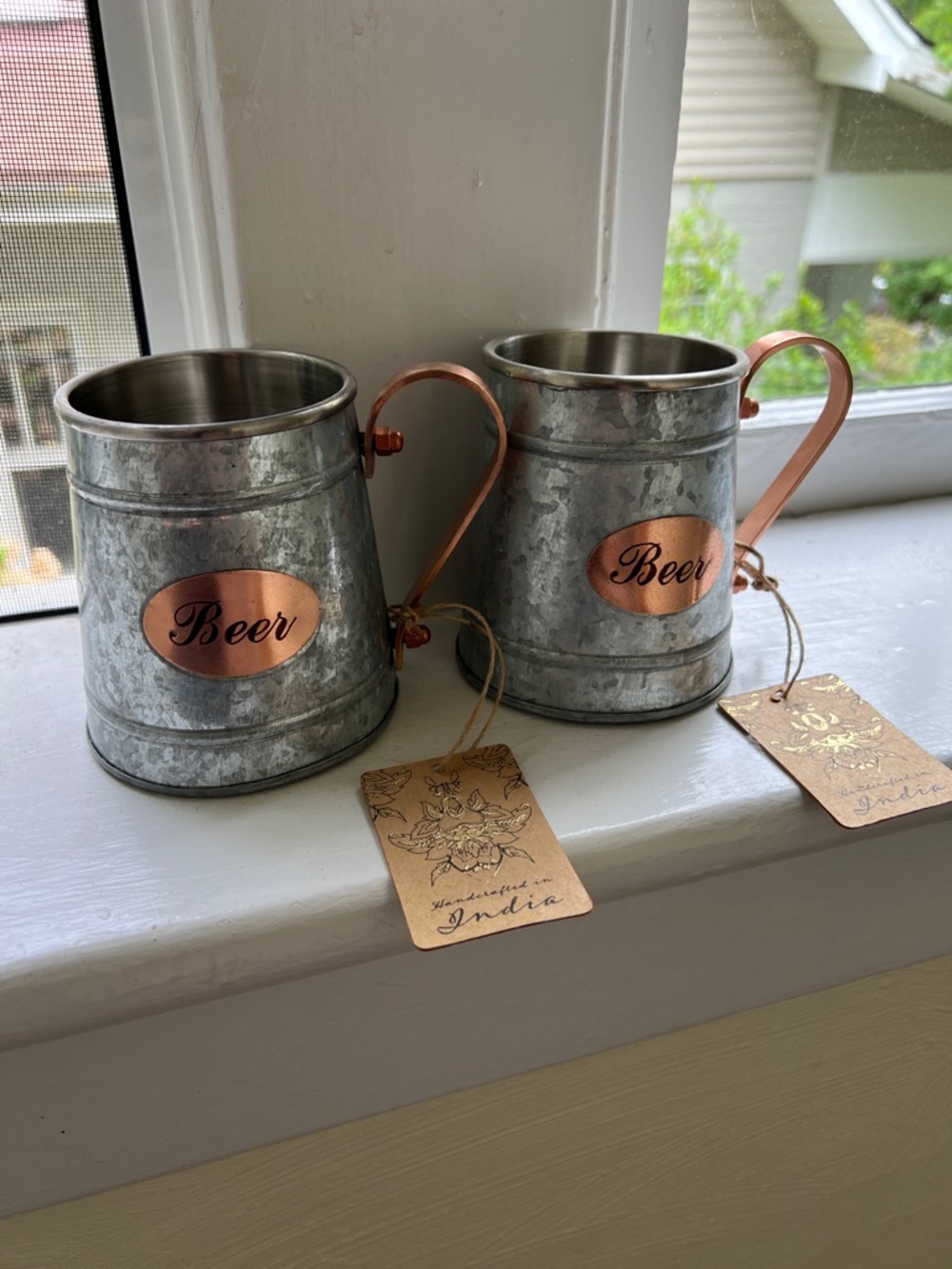 Set of 2 Galvanized Metal Beer Mugs with Copper Accents
